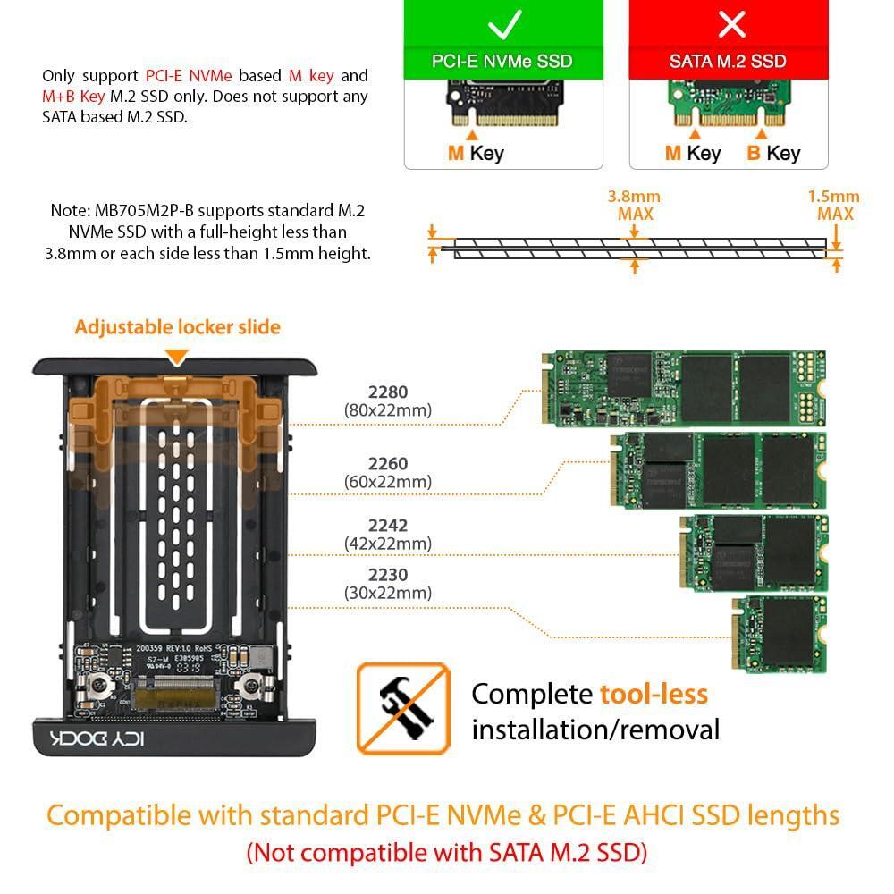 ICY DOCK M.2 PCIe 3.0/4.0 NVMe SSD to 2.5" U.2 SSD Converter / Mounting Adapter with Heatsink | EZConvert MB705M2P-B