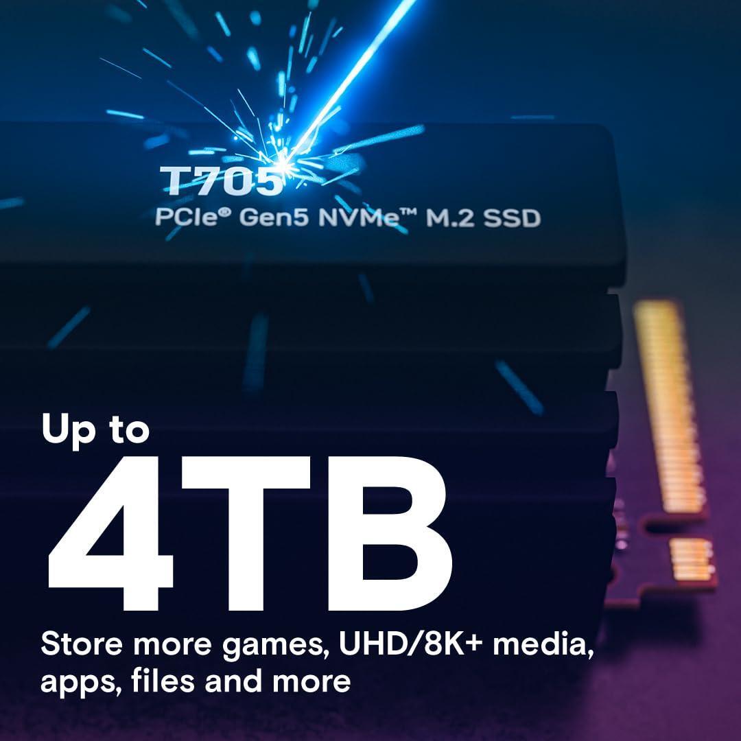 Crucial T705 2TB PCIe Gen5 NVMe M.2 SSD with Heatsink - Up to 14,500 MB/s - Game Ready - Internal Solid State Drive (PC) - +1mo Adobe CC - CT2000T705SSD5
