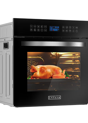 Empava 24" 2.3 cu ft Electric Convection Touch Wall Oven, Black Glass Door | 10 Cooking Functions, Convection Cooking, 360° Rotisserie, Screen Touch Control, Black Ceramic Interior, ETL Certified