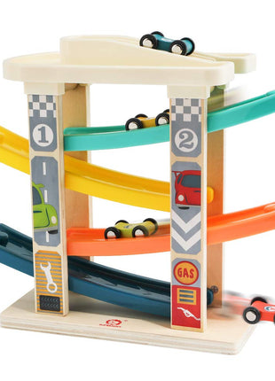 TOP BRIGHT Wooden Car Ramp Track with Cars, Montessori Toy for Toddlers 1-3 | Wooden Race Track Set Includes Cars & Garage, Montessori Learning Toy for Ages 18+ Months, Suitable for Boys & Girls