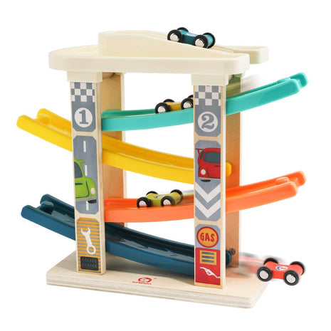 TOP BRIGHT Wooden Car Ramp Track with Cars, Montessori Toy for Toddlers 1-3 | Wooden Race Track Set Includes Cars & Garage, Montessori Learning Toy for Ages 18+ Months, Suitable for Boys & Girls