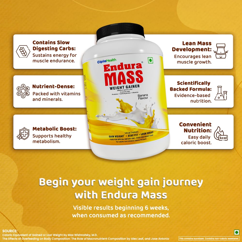 Endura Mass Weight Gainer 3 kg Banana Flavour | Unique blend of 3 sources of protein (15g), carbs (71 g), 10 vitamins & 3 essential minerals | Ideal for Children above 10 years, men, women & athletes.