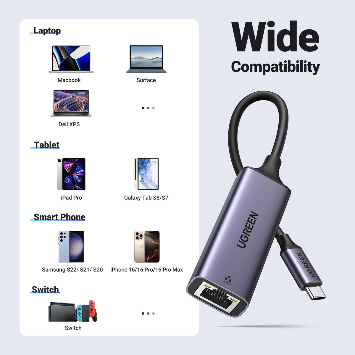 UGREEN USB C to Ethernet Adapter, Plug and Play 1Gbps Ethernet Adapter, Aluminum Case, (Thunderbolt 4/3 Compatible) to RJ45 Network Dongle, Compatible for MacBook Pro/Air, iPhone 16 Pro/Max, iPad, XPS