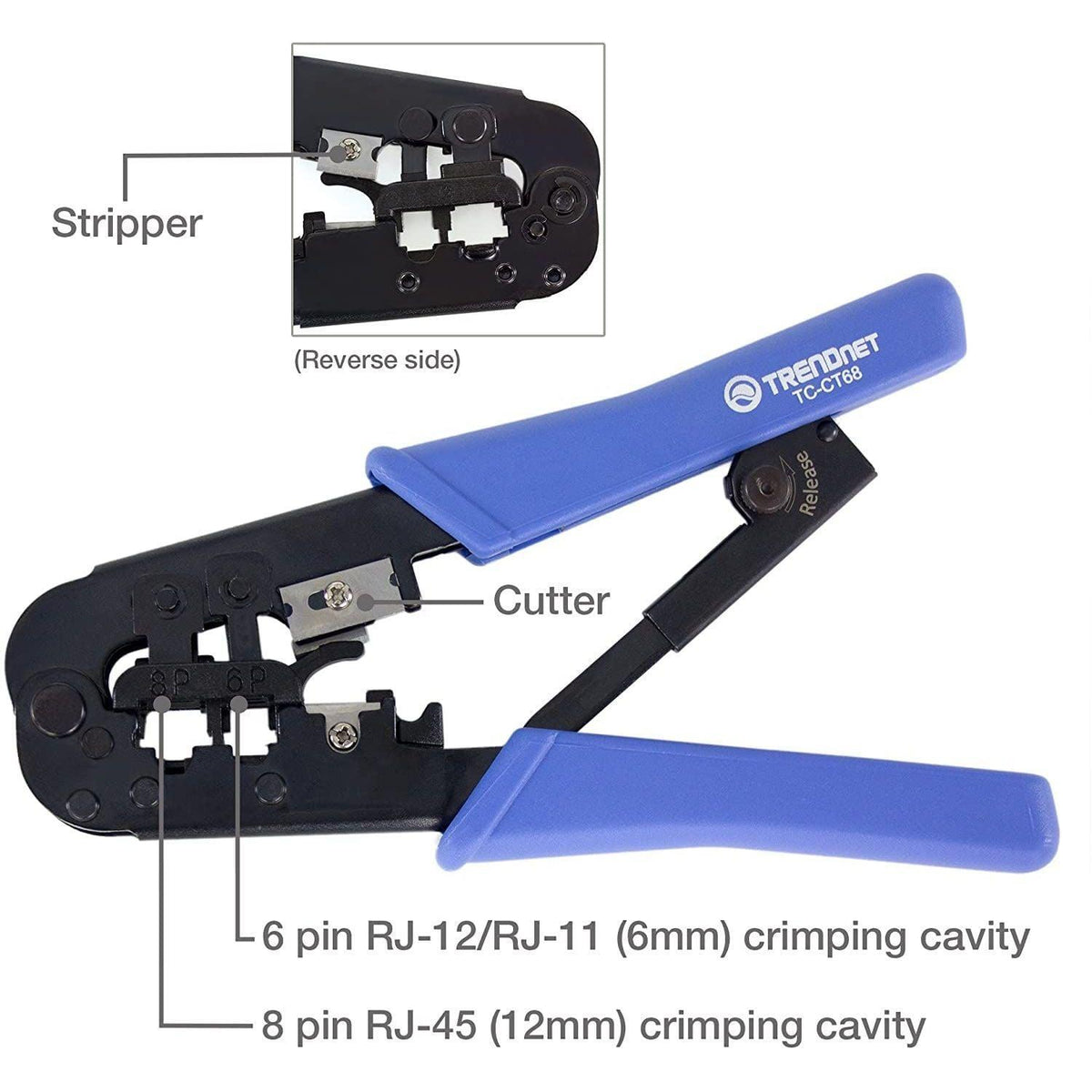 TRENDnet Crimping Tool, Crimp, Cut, And Strip Tool, For Any Ethernet or Telephone Cable, Built-In Cutter And Stripper, 8P-RJ-45 And 6P-RJ-12, RJ-11, All Steel Construction, Black, TC-CT68
