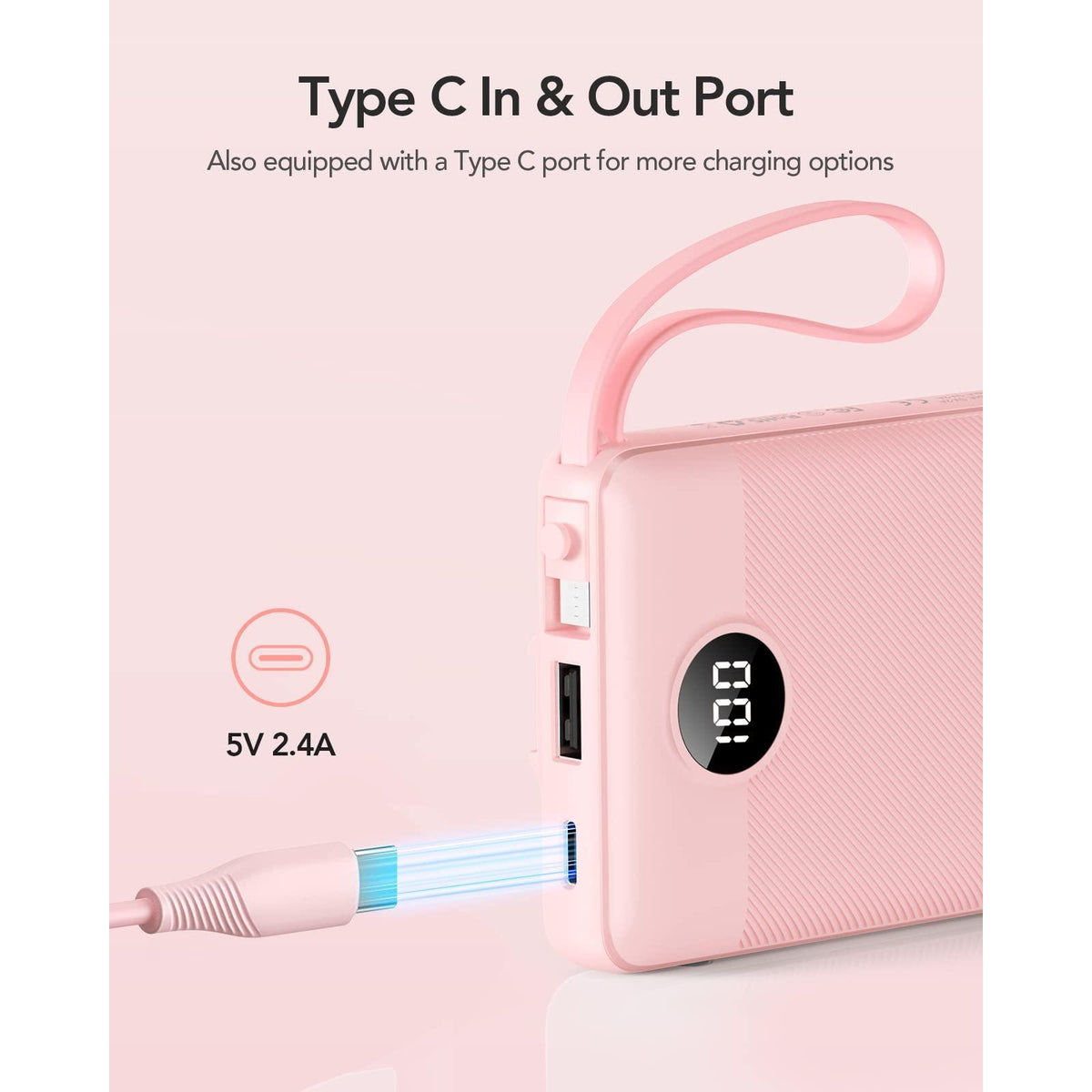 VRURC Portable Charger Power Bank, 10000mAh Travel Essentials Battery Pack, 5 Outputs 2 Inputs Slim Charging Bank Built-in Cables Cords Wires Compatible with iPhone,Samsung,Android-Pink(1 Pack)