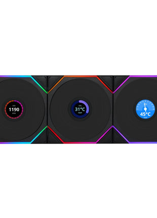 Lian Li UNI Fan TL LCD Wireless 120 - Triple Pack - Normal Blade (NOT Reverse) - 2.4 GHz Wireless Signal Control- Daisy-Chain -Customizable Lighting Effects-Controller Included - Black (12TLLCD1W3B)
