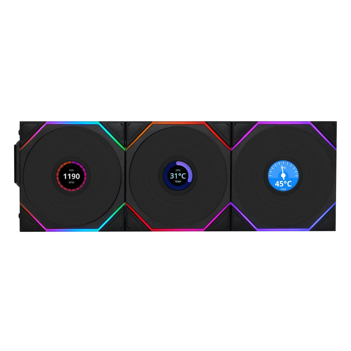 Lian Li UNI Fan TL LCD Wireless 120-Triple Pack (Reverse Blade)-2.4 GHz Wireless Signal ARGB Fan-Infinity Mirror-Daisy-Chain-Customizable Lighting-Controller Included & Required - Black (12RTLLCD1W3B)