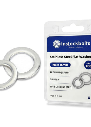 Instockbolt M8 x 16mm OD Flat Washer, 18-8 (304) Stainless Steel Washers Flat, 100PCS