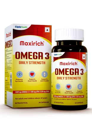 Cipla Maxirich Omega 3 | Daily Strength Capsule | EPA 180mg | DHA 120mg | Immune Booster Capsules | Daily Multiple Vitamins | Supports Heart, Eye, Joint & Brain Health | 60 Capsules