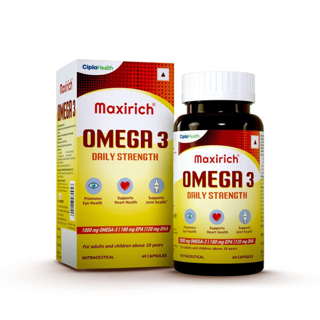 Cipla Maxirich Omega 3 | Daily Strength Capsule | EPA 180mg | DHA 120mg | Immune Booster Capsules | Daily Multiple Vitamins | Supports Heart, Eye, Joint & Brain Health | 60 Capsules