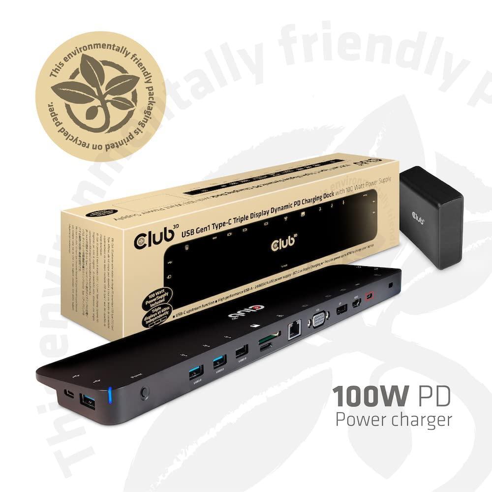 Club 3D CSV-1564W100 USB Gen1 Type-C Triple Display DP1.2 Alt Mode Smart PD3.0 Charging Dock with 100 Watt Power Supply