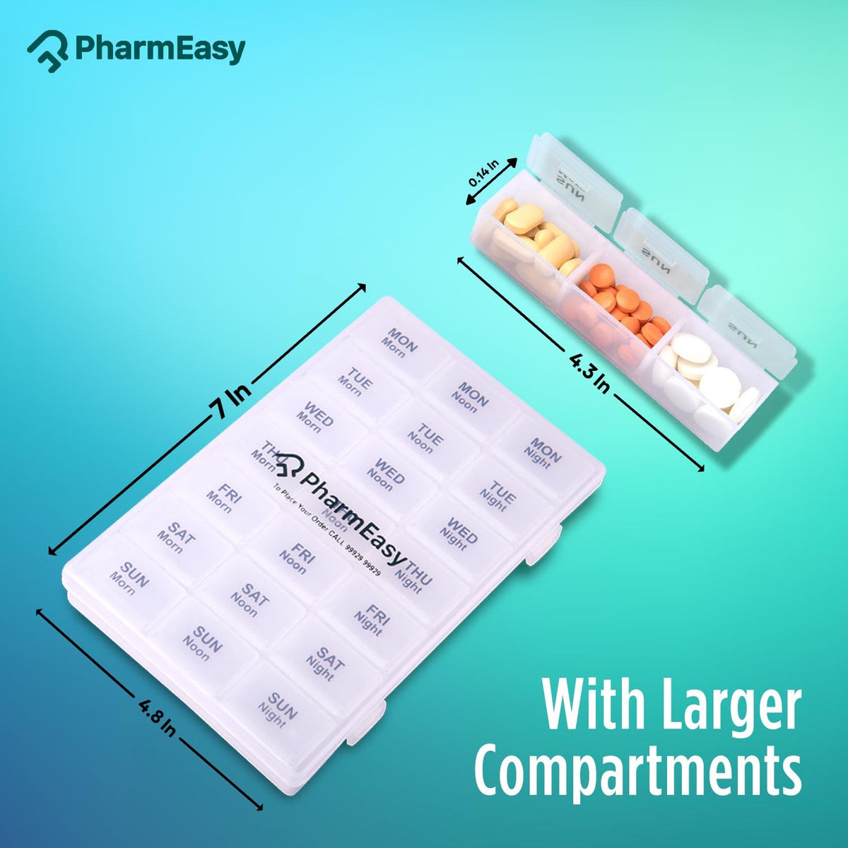 PharmEasy 7 Day Weekly Pill Box, Durable Medicine Organizer Box with Extra Large Compartments and BPA Free Material for Moisture Free Storage, Portable and Travel Friendly - Clear Box