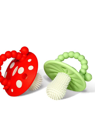 RaZbaby Soft Silicone Infant & Baby 3M+ Teether Toy Massaging Bristles Teething Relief Pacifier - Soothes Sore Gums - Hands-Free & Easy-to-Hold Chompy Teether, BPA Free (RED/Green)