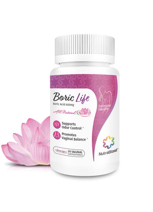 NutraBlast Boric Life Boric Acid Suppositories for Women 600mg, 30 Count | Supports Odor Control, Intimate Health Support, 100% Pure, Vegetable Capsules, Made in USA