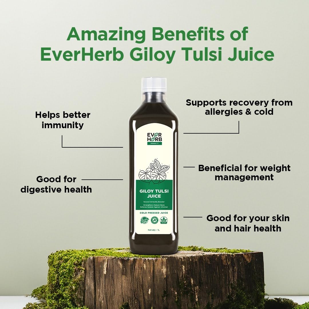 Everherb (by PharmEasy) Giloy Tulsi Juice -1L | 100% Ayurvedic Natural No Added Sugar Guduchi Juice to boost Immunity | Strengthens body defense system - 1000 ml