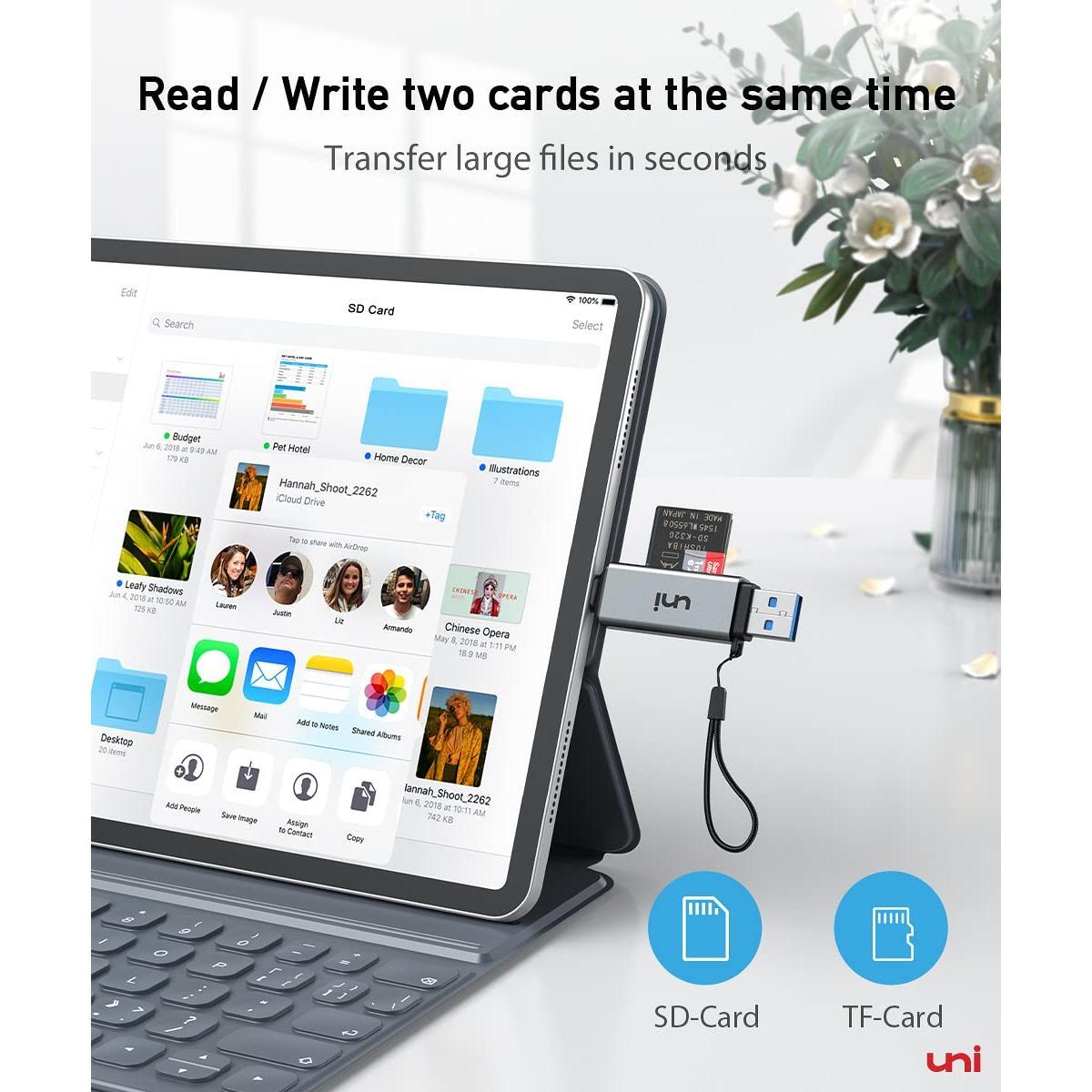 uni SD Card Reader, High-Speed USB C to Micro SD Card Adapter USB 3.0 Dual Slots, Memory Card Reader for SD/Micro SD/SDHC/SDXC/MMC, Compatible with MacBook Pro/Air, Chromebook, Android Galaxy