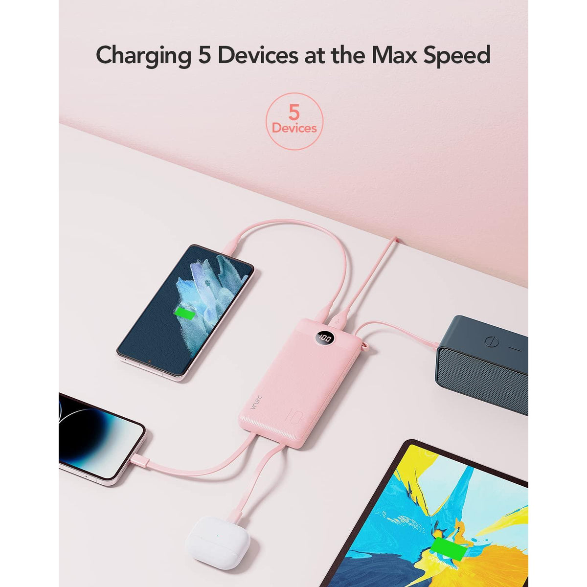 VRURC Portable Charger Power Bank, 10000mAh Travel Essentials Battery Pack, 5 Outputs 2 Inputs Slim Charging Bank Built-in Cables Cords Wires Compatible with iPhone,Samsung,Android-Pink(1 Pack)