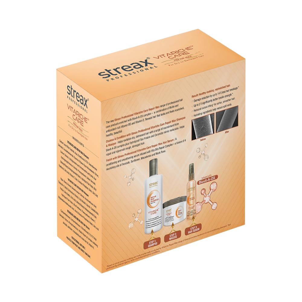 Streax Professional Vitariche Repair Max - Damage Repair Post care Combo Kit (Shampoo + Masque + Serum)