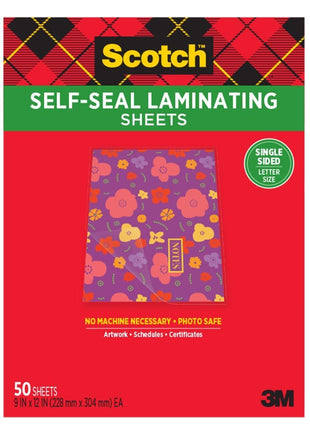 Scotch Self-Seal Laminating Sheets, Letter Size 9 in x 12 in, Single Sided, Pack of 50