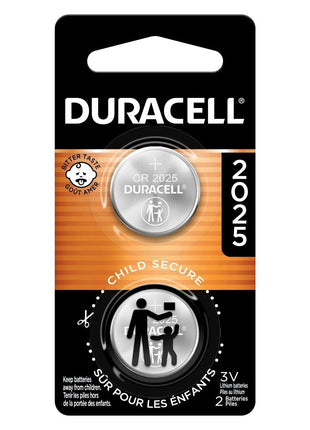 Duracell CR2025 3V Lithium Battery, Child Safety Features, 2 Count Pack, Lithium Coin Battery for Key Fob, Car Remote, Glucose Monitor, 3 Volt Cell