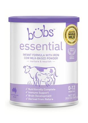 Bubs Essential Infant Formula, with Iron, Cow Milk-Based Powder, for Infants 0-12 Months, Made with Non-GMO Milk, 20 oz