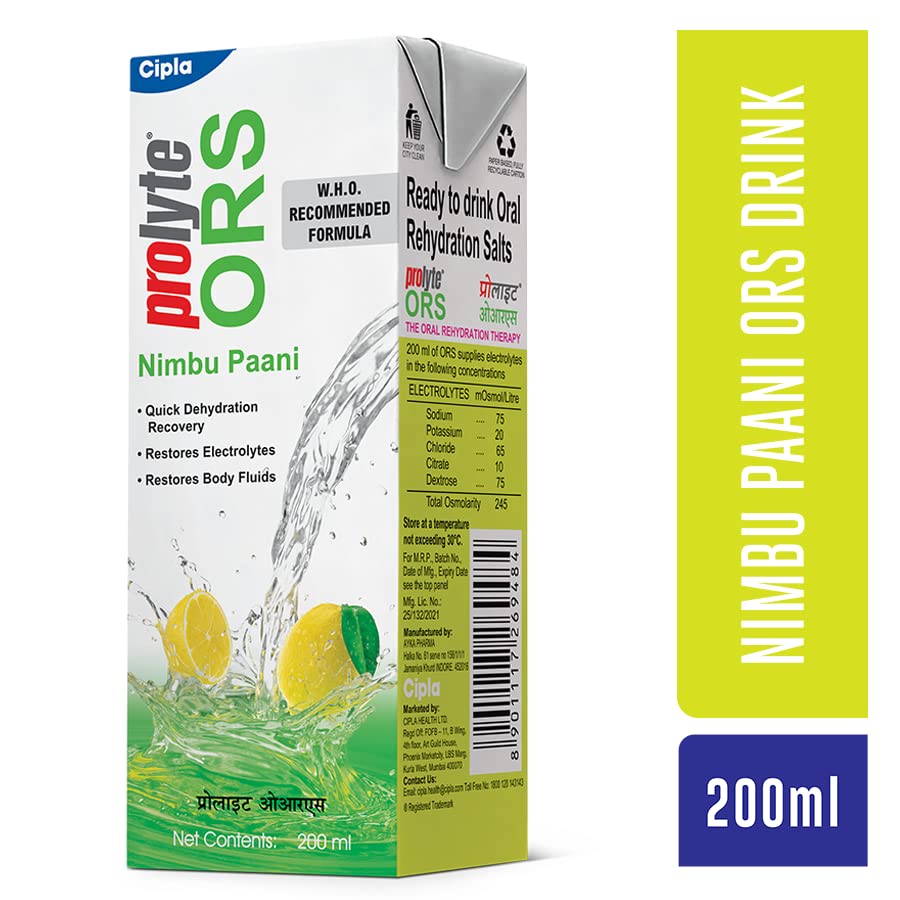 Cipla Prolyte Ors Ready To Drink Oral Rehydration Contains Vital Electrolytes Vegetarian|Restores Body Fluids&Electrolytes Lost Due To Sweating,Diarrhea&Vomiting|Who Formula (Nimbu Paani,Pack Of 30)