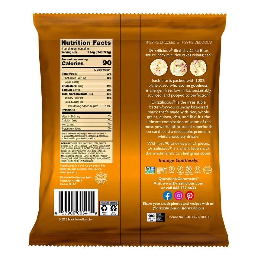 Drizzilicious Mini Rice Cakes Birthday Cake - Rice Crisps, Healthy Snack for Adults and Kids, Flavored Rice Cakes, Vegan, Gluten Free, Allergen Free, Only 90 Calories Per Bag - 0.74 oz (Pack of 10)