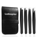 LUDOUPIER [4+1 Pieces] Tweezers Set with Travel Case, Great Precision Upgrade Professional Anti-rust Alloy Tweezers for Women & Men Multi-purpose as Eyebrows Facial Hair Ingrown Hair Removal