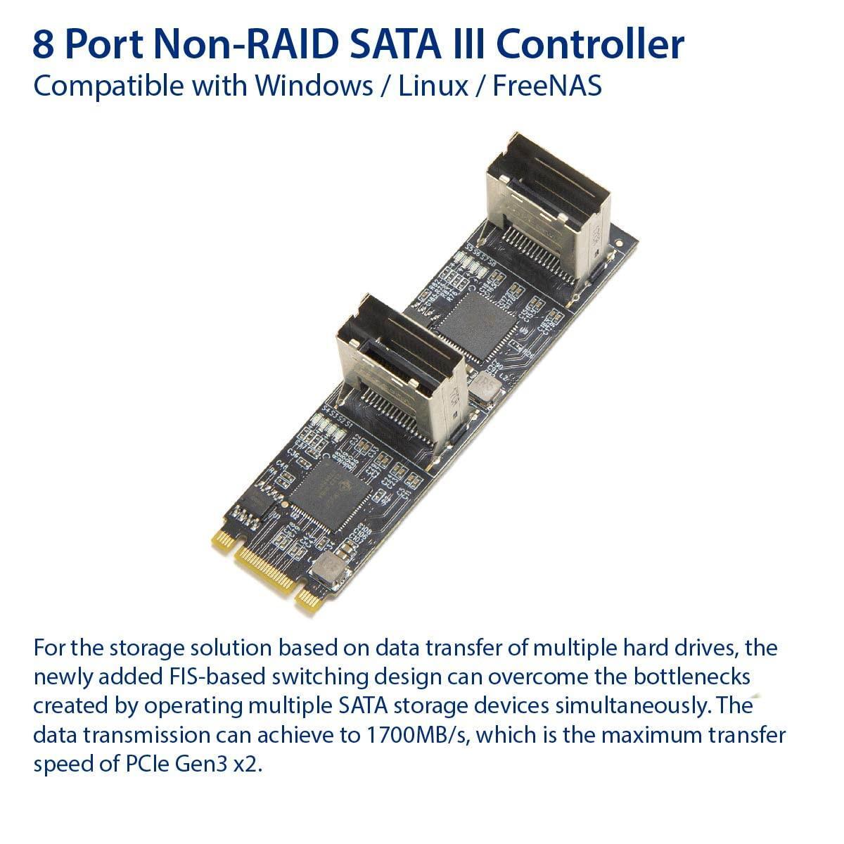 8 Port Non-RAID SATA III 6Gbp/s to M.2 B+M Key Adapter PCI-e 3.0 x2 bandwith