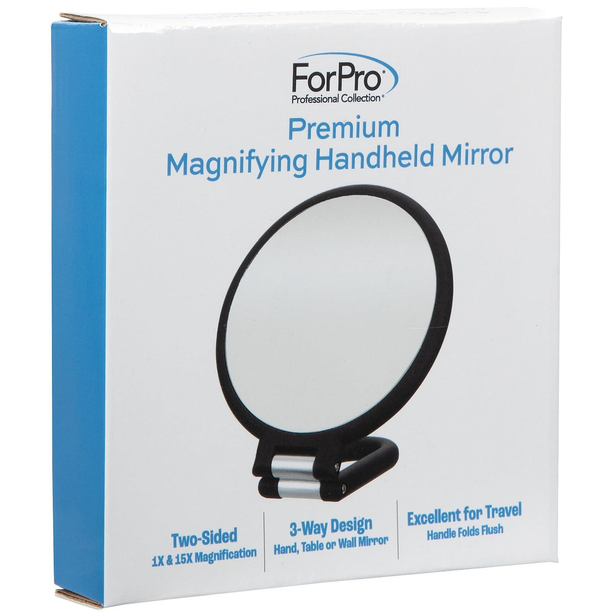 ForPro Professional Collection Premium Magnifying Handheld Mirror, 1X/15X Magnification Hand Mirror, Folding Adjustable Handle, for Makeup, Travel, Black