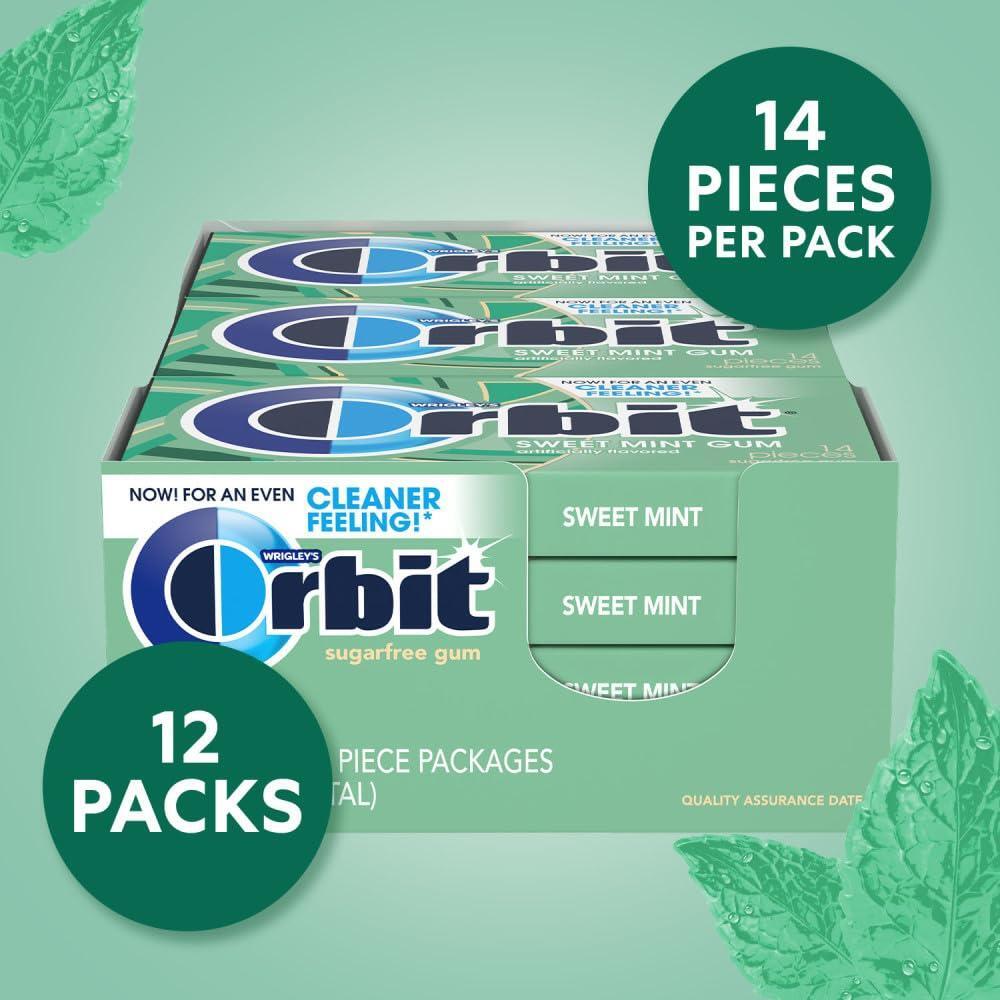 Orbit Sweet Mint Sugar Free Chewing Gum Bulk, 12 Packs, 14 Pieces Each (168 Total)