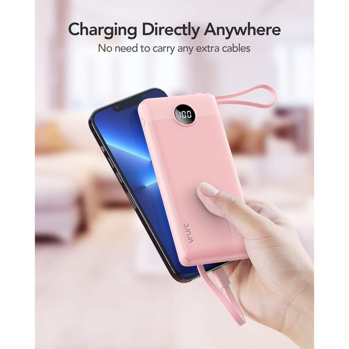 VRURC Portable Charger Power Bank, 10000mAh Travel Essentials Battery Pack, 5 Outputs 2 Inputs Slim Charging Bank Built-in Cables Cords Wires Compatible with iPhone,Samsung,Android-Pink(1 Pack)