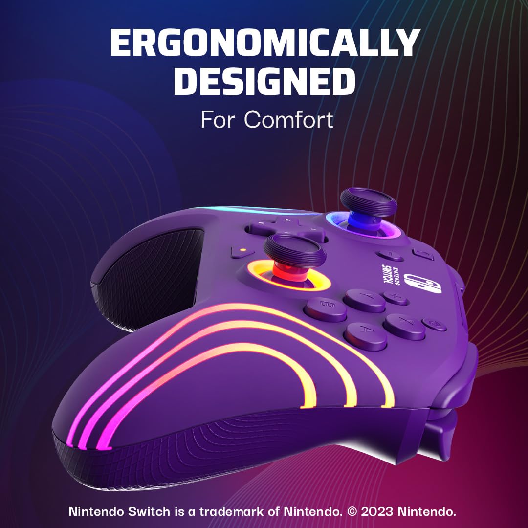 PDP Afterglow Wave Wireless RGB Gaming Controller - Nintendo Switch/Switch Lite/Switch - OLED Model, Nintendo Switch 2, LED Lighting, Rechargeable Battery - Purple