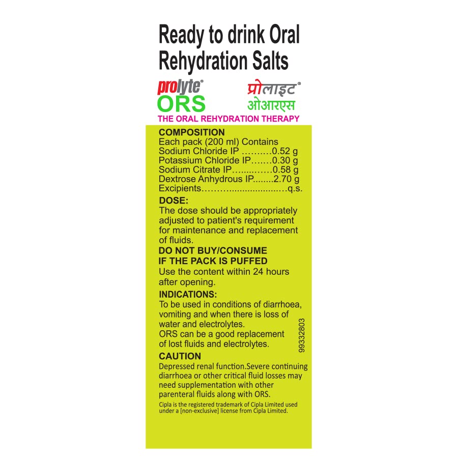 Cipla Prolyte Ors Ready To Drink Oral Rehydration Contains Vital Electrolytes Vegetarian|Restores Body Lost Due To Sweating,Diarrhea&Vomiting|Who Formula (Nimbu Paani,Pack Of 10), Lemon