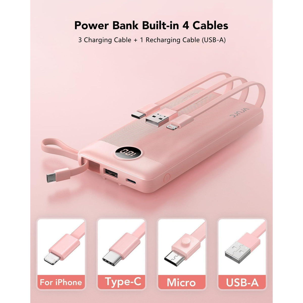 VRURC Portable Charger Power Bank, 10000mAh Travel Essentials Battery Pack, 5 Outputs 2 Inputs Slim Charging Bank Built-in Cables Cords Wires Compatible with iPhone,Samsung,Android-Pink(1 Pack)