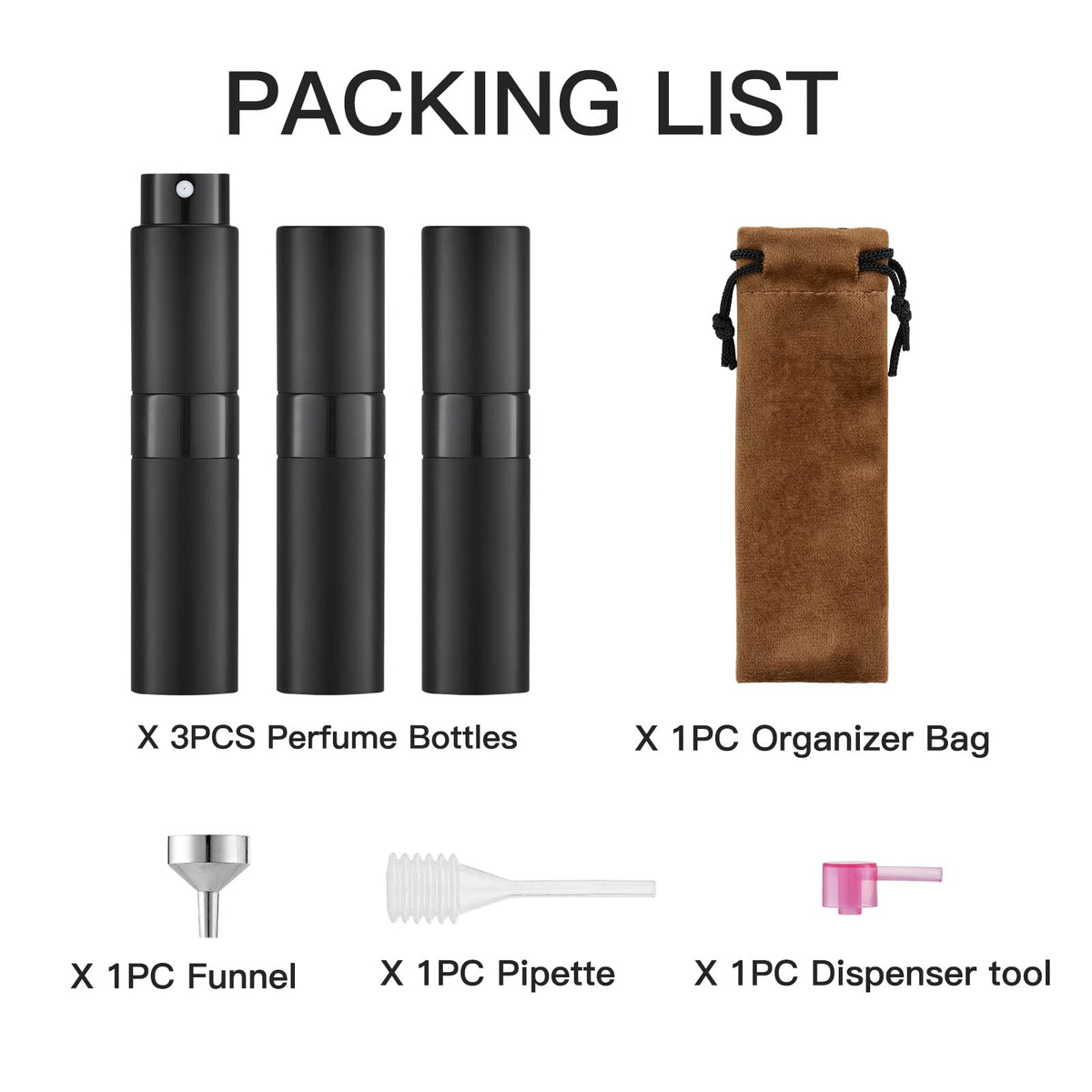 LISAPACK 8ML Atomizer Perfume Spray Bottle for Travel (3 PCS) Empty Cologne Dispenser, Portable Sprayer (Black)