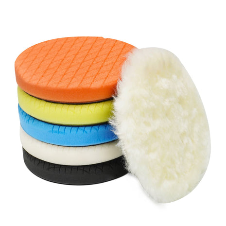 Autolock 5" Buffing Polishing Pads, 6Pcs 140mm Face for 5Inch Backing Plate | Compound Buffing Sponge and Woolen Pads Cutting Polishing Pad Kit for Car Buffer Polisher, Polishing and Waxing