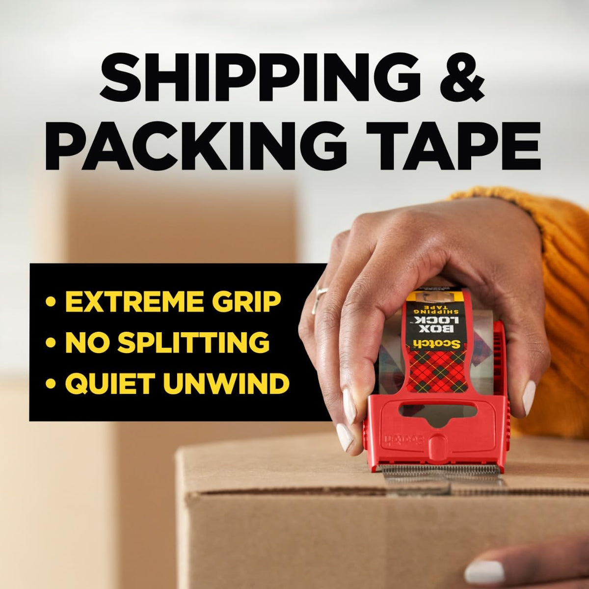 Scotch Box Lock Packing Tape, Clear, Extreme Grip Box Packaging Tape for Shipping and Mailing, 1.88 in. x 22.2 yd., 6 Rolls with Dispensers