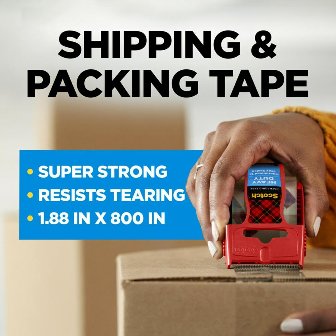 Scotch Heavy Duty Shipping Packing Tape, Clear, Packing Tape for Moving Boxes and Packaging Supplies, 1.88 in. x 22.2 yd., 6 Roll Dispensers, Moving Supplies