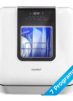 COMFEE' Countertop Dishwasher, Portable Dishwasher with 6L Built-in Water Tank, Mini Dishwasher with More Space Inside, 7 Programs, UV Hygiene& Auto Door Open, for Apartments, Dorms& RVs, White