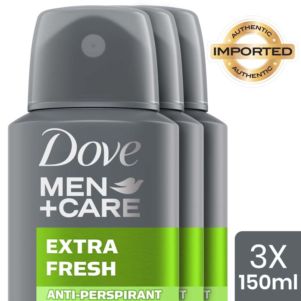 Dove Men+Care Extra Fresh Dry Spray Antiperspirant Deodorant, Up To 48 hrs Protection From Sweat & Odour, Instantly Dry for Cleaner Feel, Dermatologically Proven Formula, Soothes & Moisturises Skin, Energizing Citrus Scent, 150ml (Pack of 3)