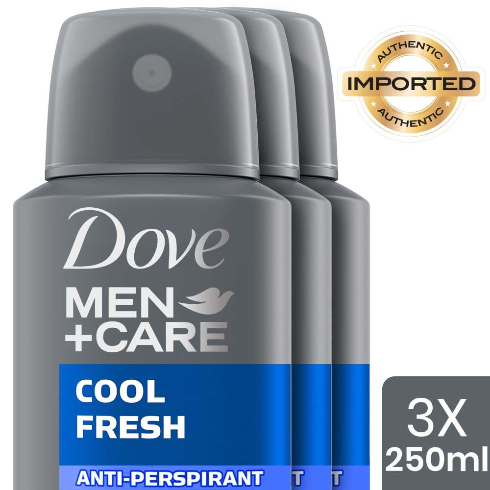 Dove Men+Care Cool Fresh Dry Spray Antiperspirant Deodorant, Up To 48 hrs Protection From Sweat & Odour, Instantly Dry for Cleaner Feel, Dermatologically Proven Formula, Soothes & Moisturises Skin, Clean, Refreshing Scent, 250ml (Pack of 3)