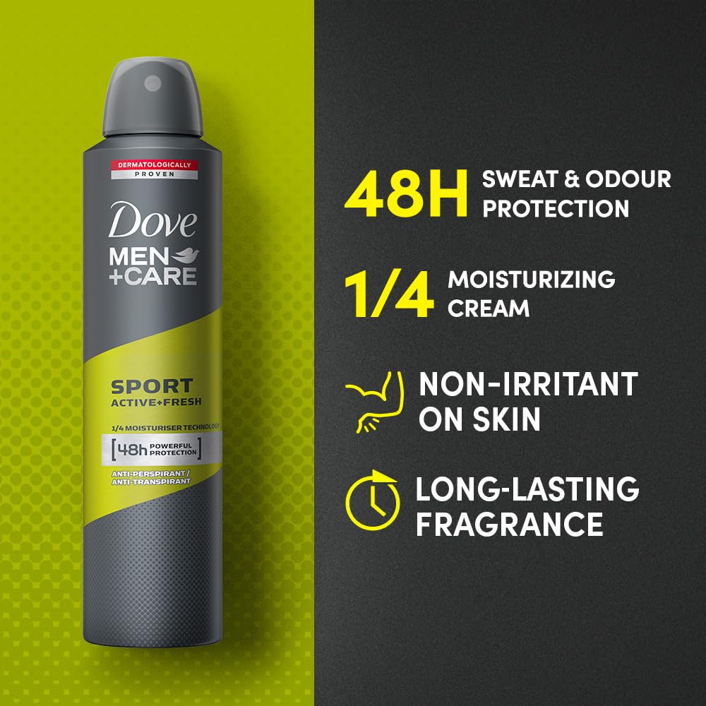 Dove Men+Care Sport Active+ Fresh Dry Spray Antiperspirant Deodorant, Up To 48 hrs Protection From Sweat & Odour, Dermatologically Proven Formula, Soothes & Moisturises Skin, Fresh citrus, Woody Scent, 250ml (Pack of 2)