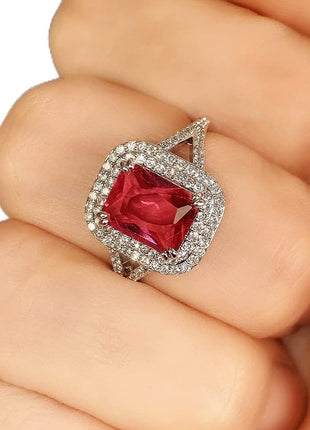 Vintage 925 Sterling Silver Promise Rings for her,Ruby Ring Cocktail Rings Square Cut Red Gemstone Cubic Zirconia Anniversary Promise Ring Halo Ring Eternity Engagement Wedding Band Ring for Women 10