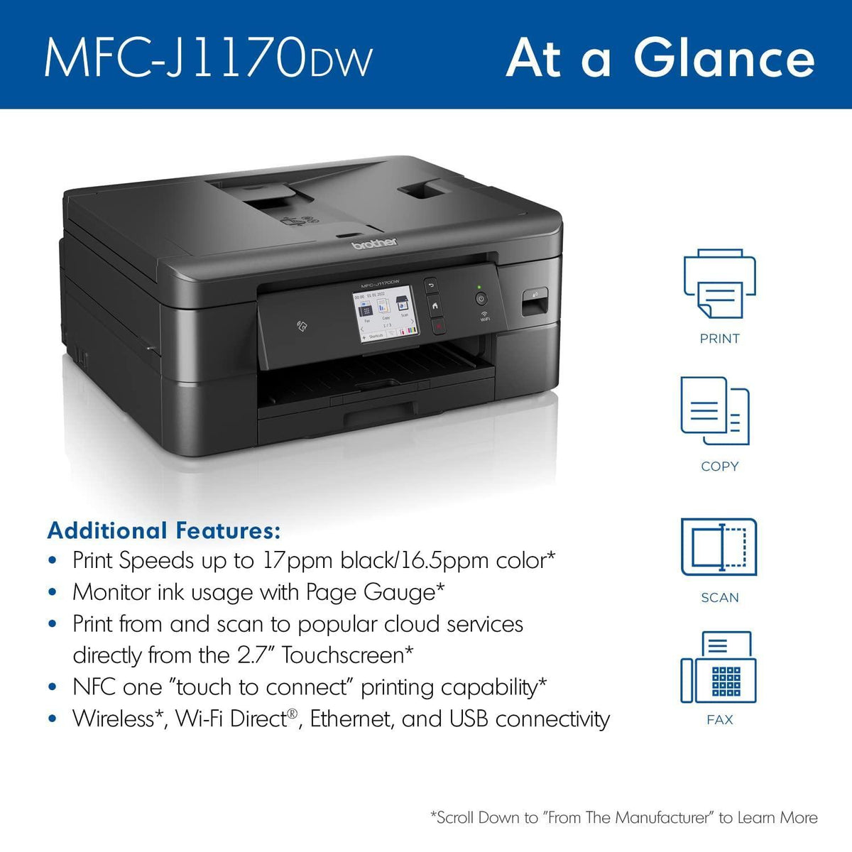 Brother MFC-J1170DW Wireless Color Inkjet All-in-One Printer, NFC One-Touch Print, Duplex, Cloud Print & Scan, Mobile App Control, 2.7" Touchscreen, Works with Alexa