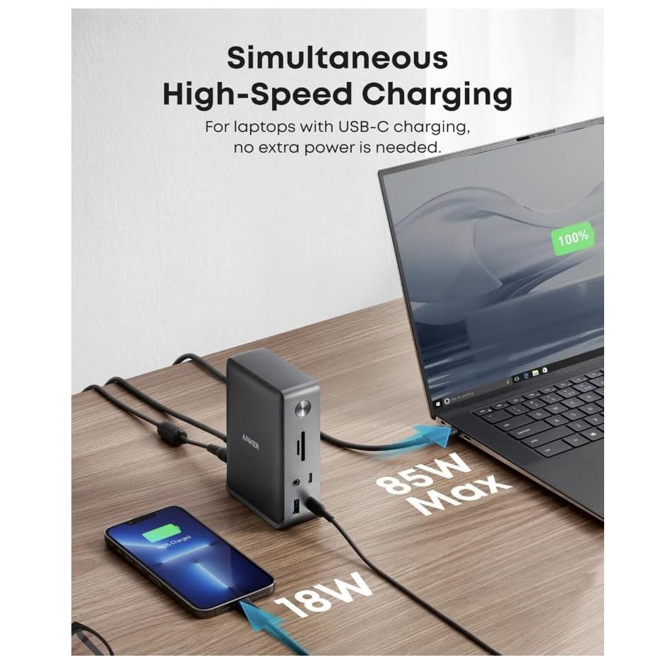 Anker Laptop Docking Station, 13-in-1 USB-C Docking Station, Triple Display with 2 x 4K HDMI and 1 x DP, 85W Charging for Laptop, 10 Gbps USB-C and 5 Gbps USB-A Data, Ethernet, Audio, SD