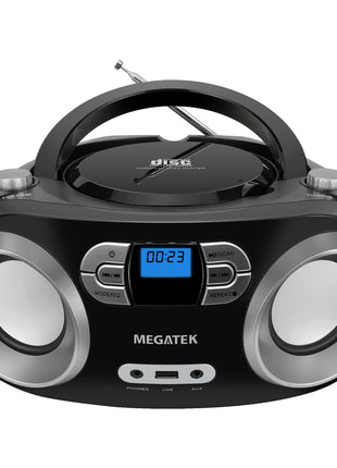 MEGATEK Portable CD Player Boombox with FM Radio, Bluetooth, USB Port, AUX Input, and Headphone Jack – CD-R/CD-RW/MP3-CD Compatible, Clear Stereo Sound, Backlit LCD Display – Black