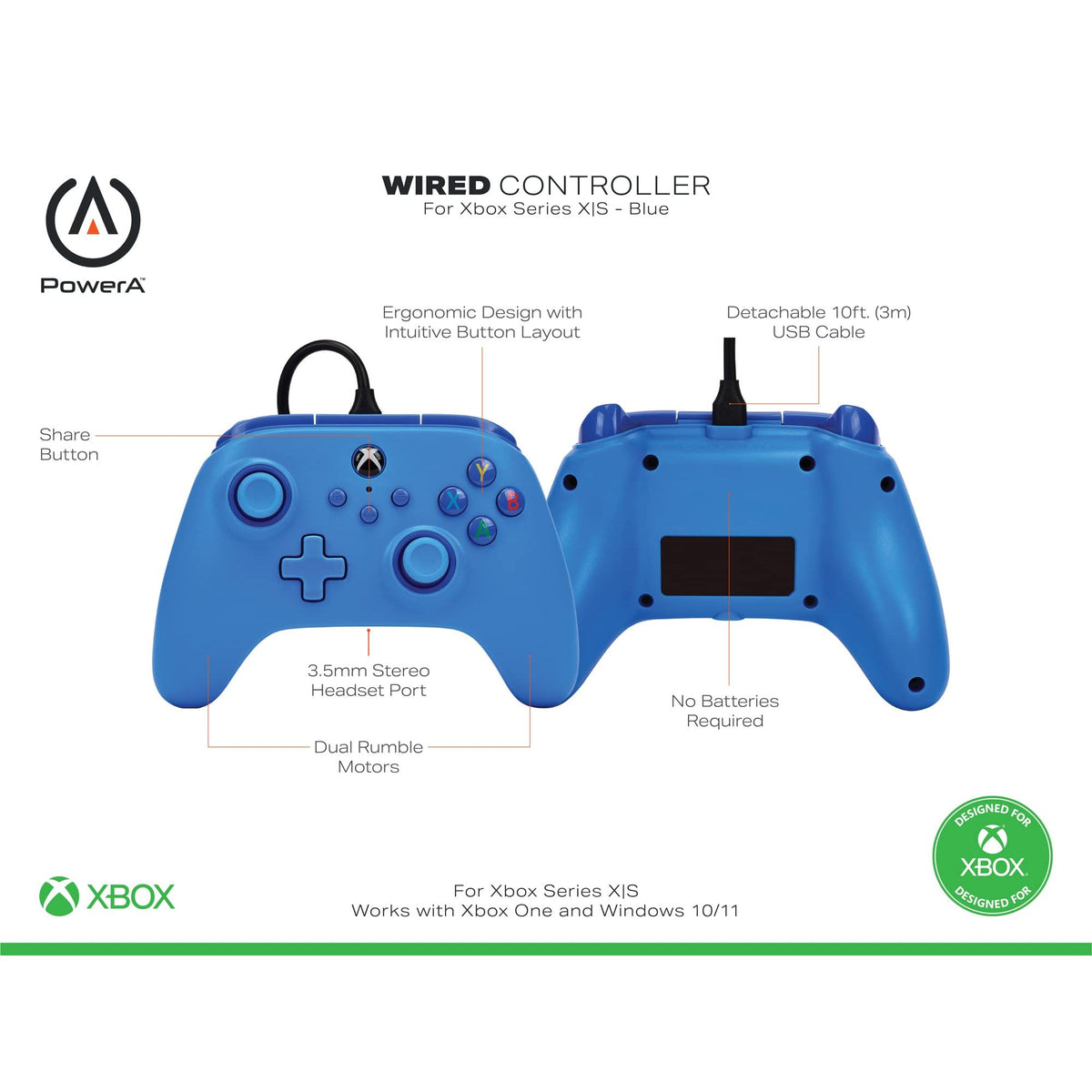 PowerA Wired Controller for Xbox Series X|S - Blue, gamepad, video game/gaming controller, works with Xbox One, Officially Licensed