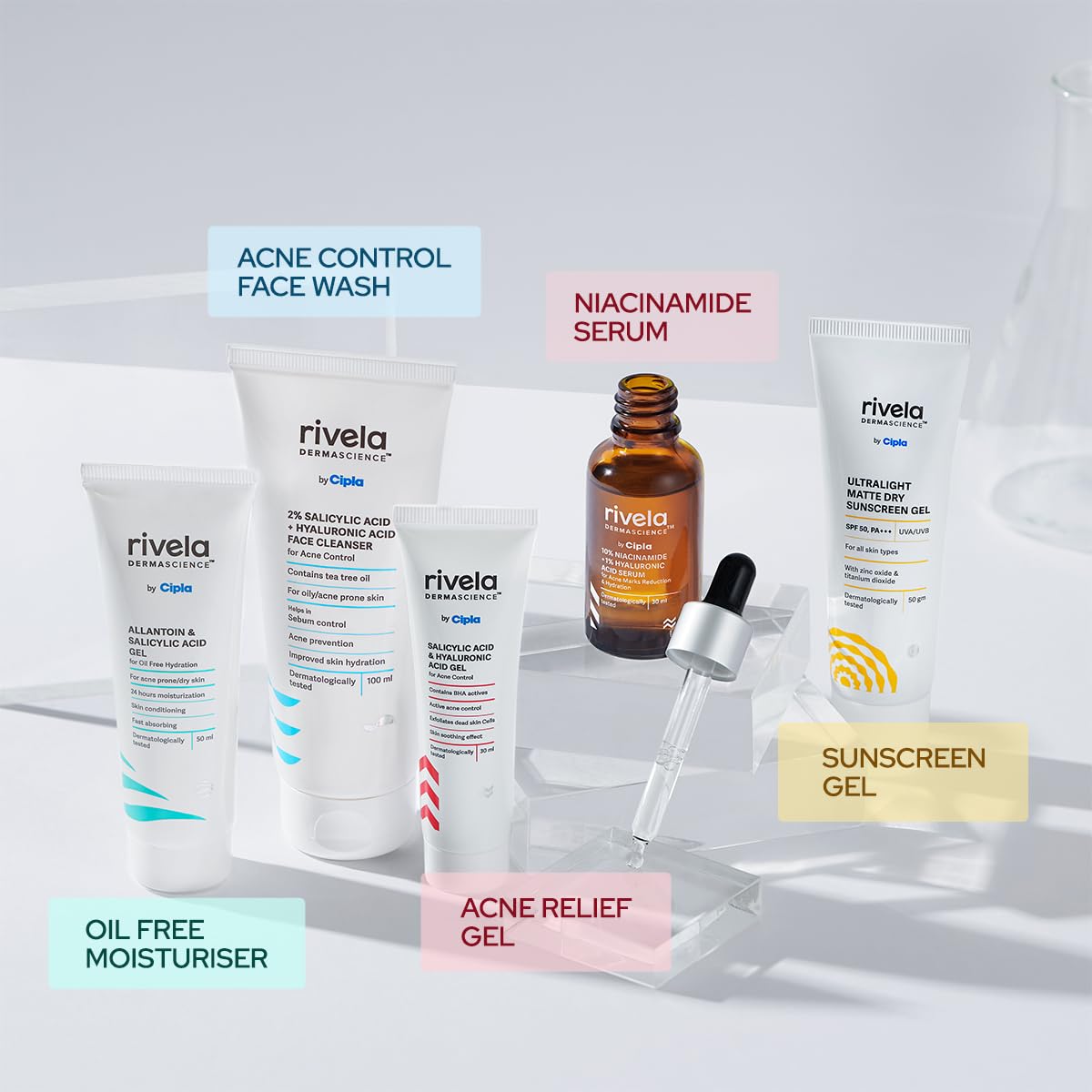 Rivela Dermascience Acne Care Routine Set |Cleanser (100ml), 10% Niacinamide Serum (30ml), Salicylic Acid Gel (30ml), Allantoin Gel (50ml) & Matte Sunscreen Gel (50gm) | 5 Item in Set