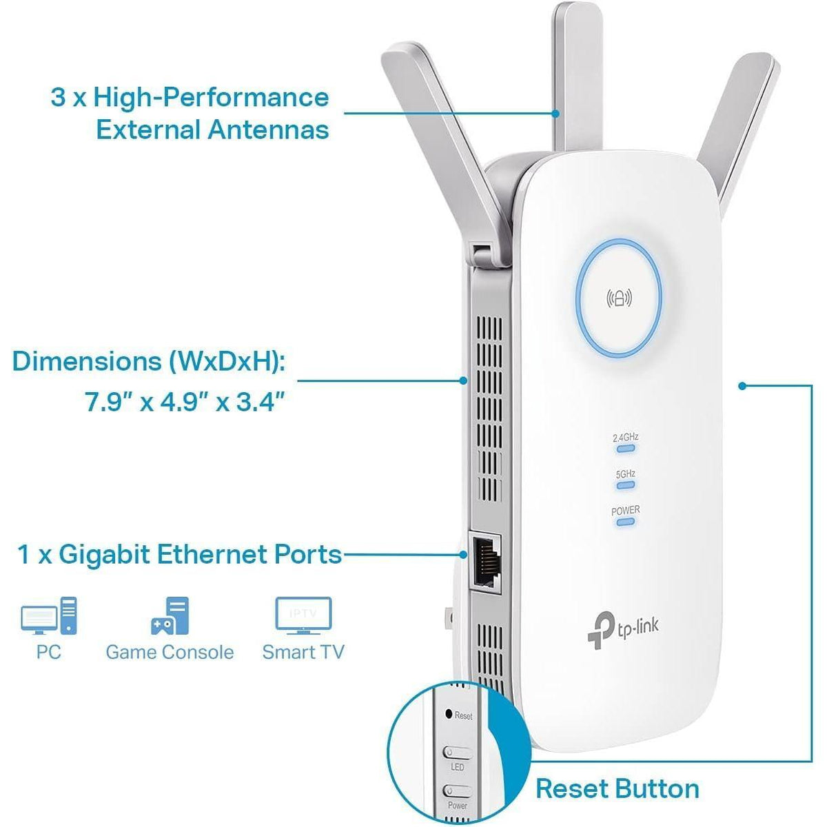 TP-Link AC1900 WiFi Range Extender RE550 | Dual-Band Wireless Repeater Amplifier w/Gigabit Ethernet Port | Up to 2200 Sq. Ft., 32 Devices | Internet Signal Booster | APP Setup | EasyMesh Compatible
